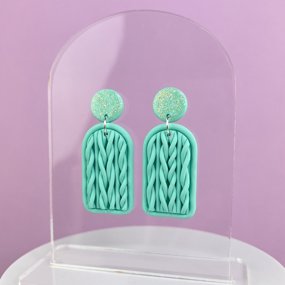 Chunky Knit Style Green Handmade Polymer Clay Dangle Earrings